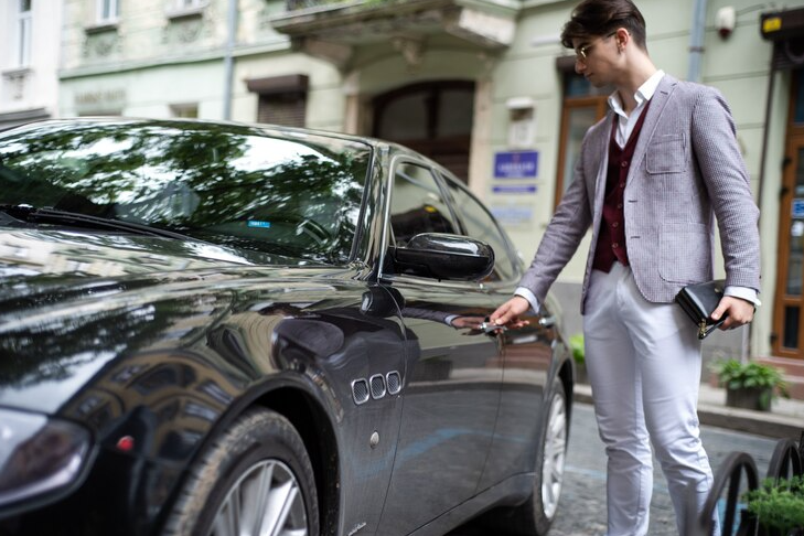 A man in a suit stands beside a sleek black car, exuding professionalism and elegance.