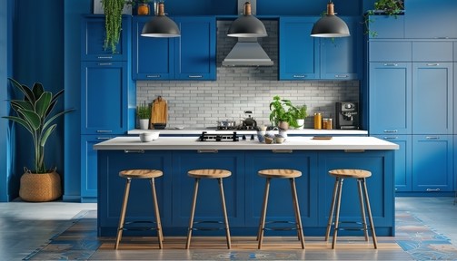 the marble counter top and blue colored cabinets in the kitchen