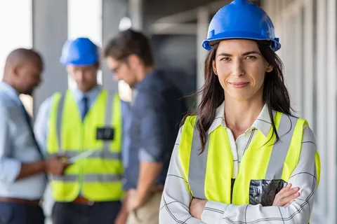 Worker stands with her team