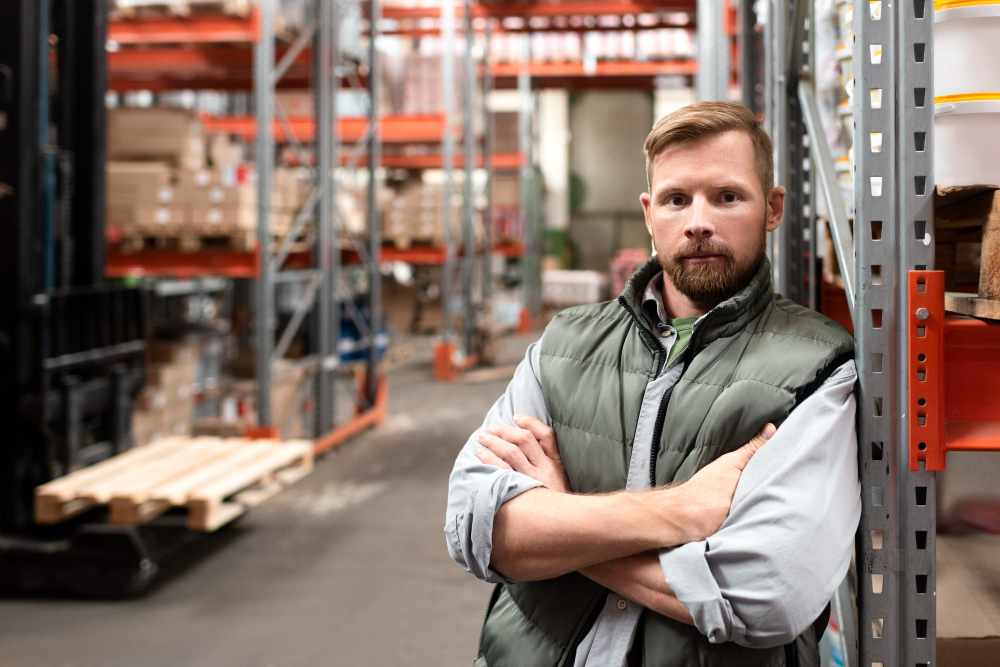 A warehouse worker posing infront of heavy duty racks