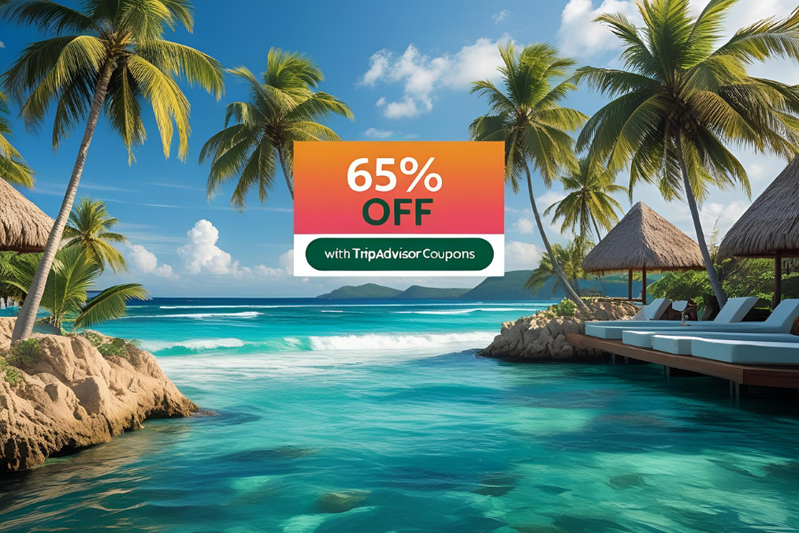 A vibrant tropical beach resort with a '65% Off' banner, surrounded by palm trees and turquoise waves, inviting travelers to book with Tripadvisor coupons.