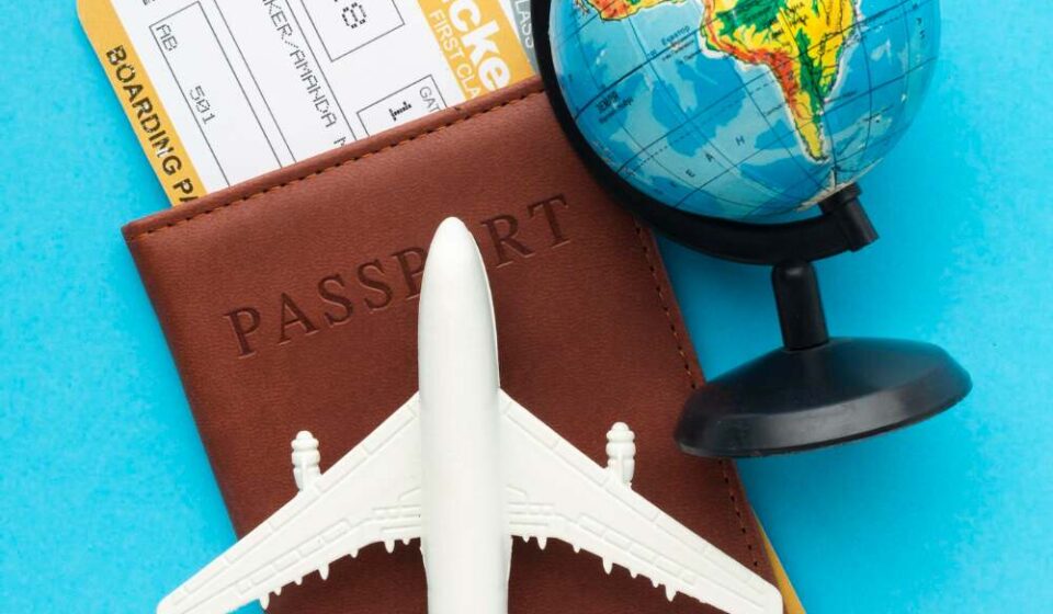 Top view passport and tickets arrangement