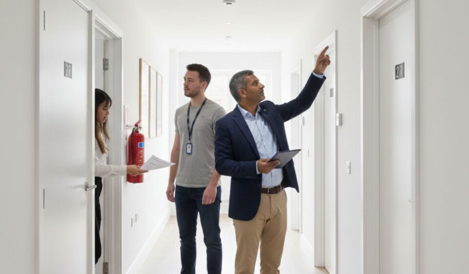HMO property management services professional conducting safety and maintenance inspection