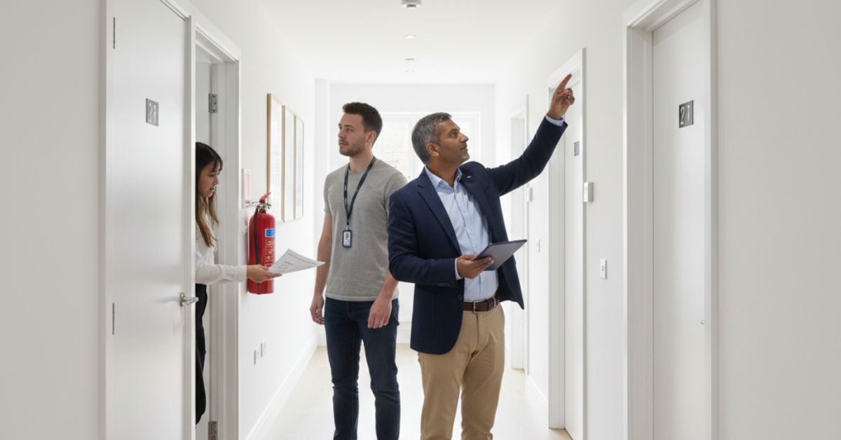 HMO property management services professional conducting safety and maintenance inspection