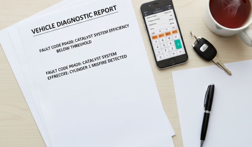 Printed car diagnostic report showing fault codes, helping UK drivers make informed repair decisions in 2026