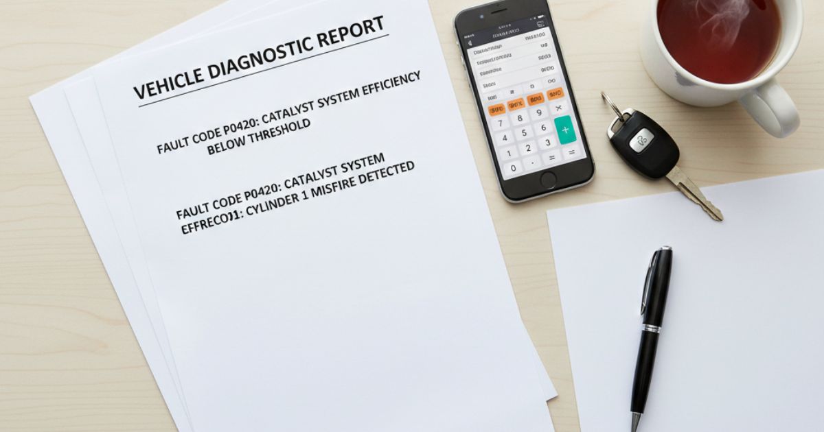 Printed car diagnostic report showing fault codes, helping UK drivers make informed repair decisions in 2026